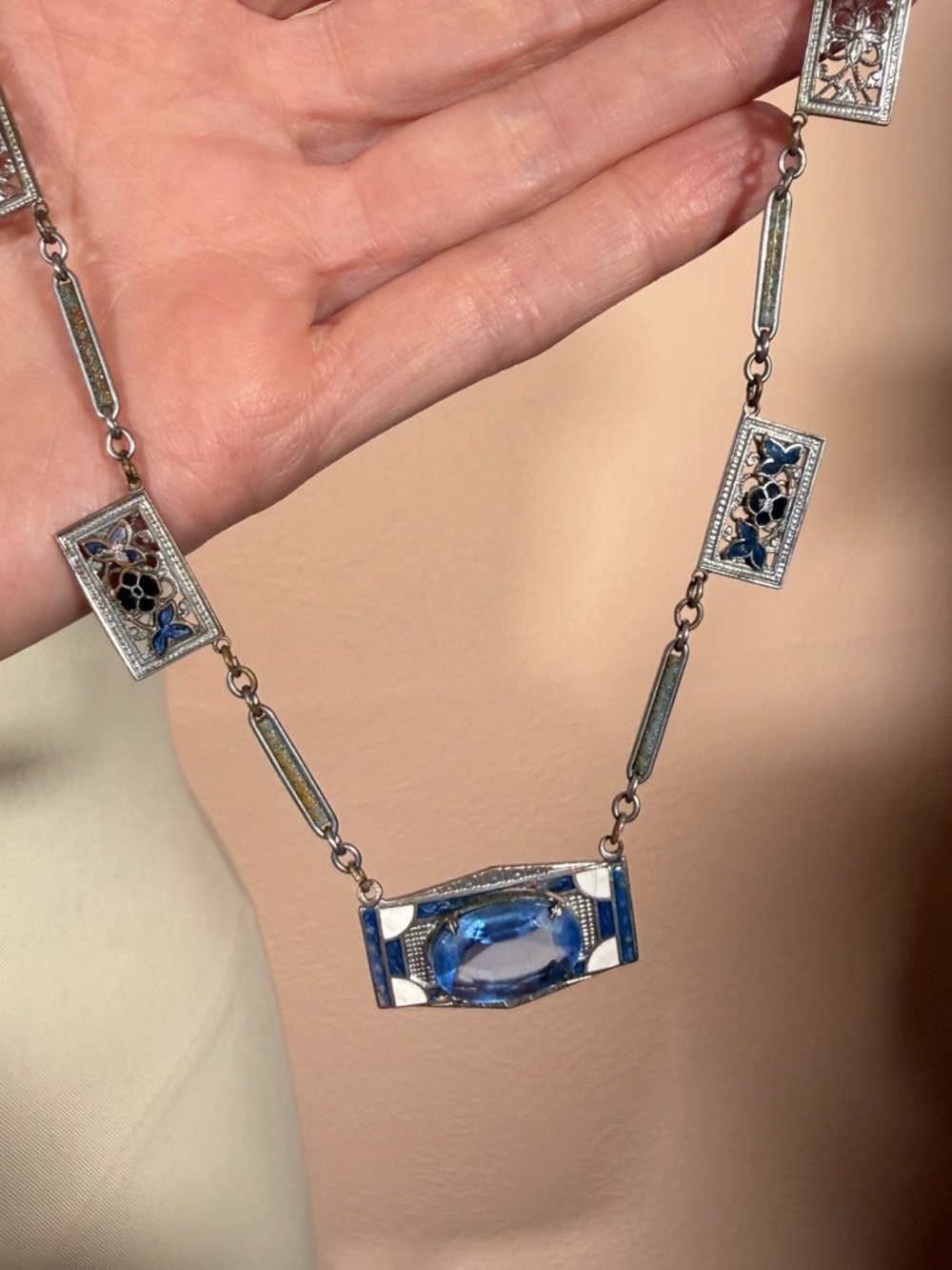 Antique Art Deco 1920 Blue Checho Glass Guilloche enamel choker Necklace - Picture 4 of 17